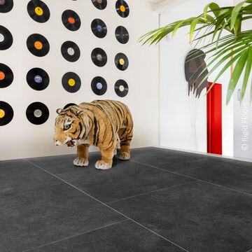 großer Raum mit Tiger-Figur, Schallplatten an den Wänden und sehr großen, dunkelgrauen Vinyl-Fußbodenplatten