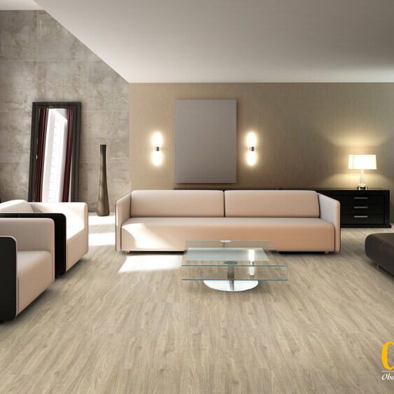 großzügiges Wohnzimmer in beige und grau mit Corpet Designböden